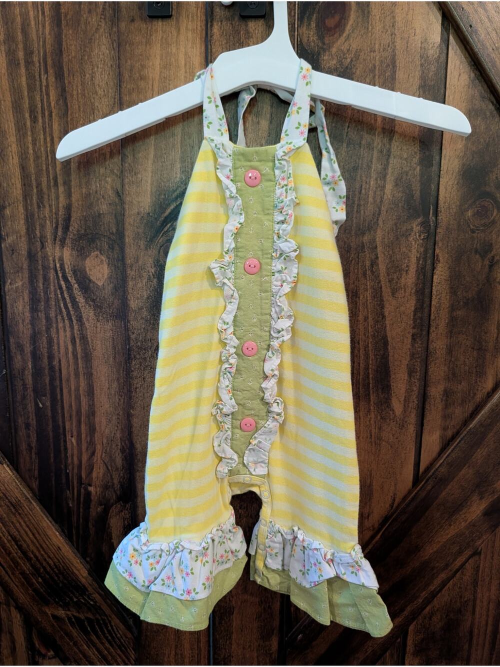 RicRac and Ruffles one piece 12 month halter style yellow stripes onesie romper